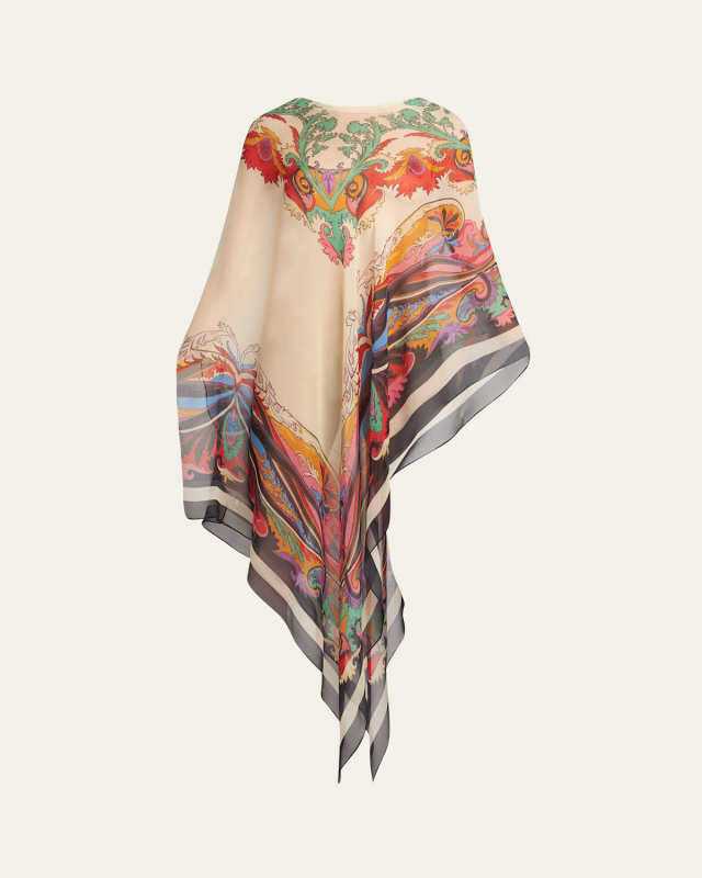 Asymmetrical Paisley-Print Long Poncho